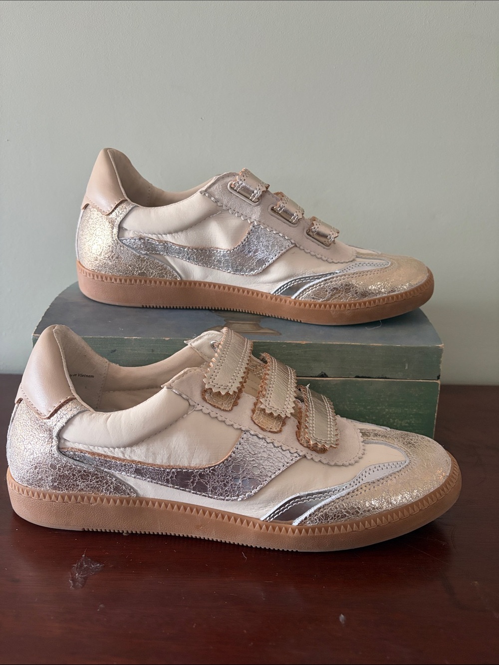 Dolce Vita Cream and Metallic Silver Velcro Sneakers
